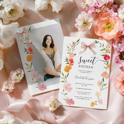 Boho Wildflowers Pink Coquette Bow Photo Sweet 16 Einladung
