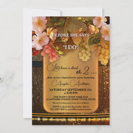 Boho Wine Themed String Lights Junggeselinnen-Absc Einladung (Vorderseite)