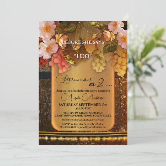 Boho Wine Themed String Lights Junggeselinnen-Absc Einladung (Stehend Vorderseite)