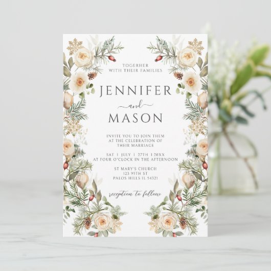 Boho Winter Christmas Gold Blumenzeremonie Einladung (Stehend Vorderseite)