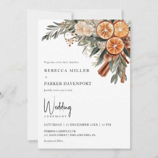 Boho Winter citrus cinnamon orange Wedding Einladung (Vorderseite)