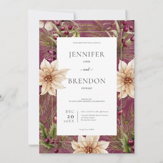 Boho Winter Greenery Boughs Burgund Einladung (Vorderseite)