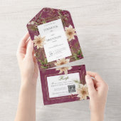 Boho Winter Greenery Boughs Burgundy QR Code All In One Einladung (Abreißen)