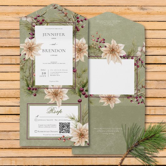 Boho Winter Greenery Boughs Sage Green QR Code All In One Einladung