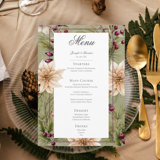 Boho Winter Greenery Boughs Sage Green Wedding Menükarte