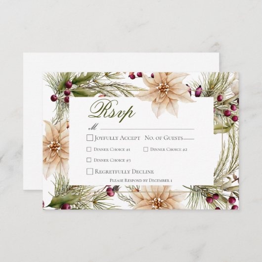 Boho Winter Greenery Boughs Weißes Abendessen RSVP Karte (Vorne/Hinten)