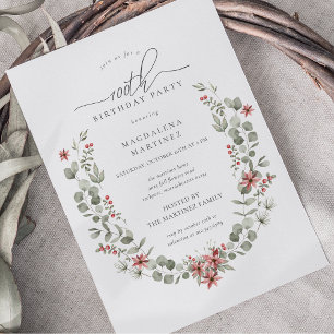 Boho Winter Greenery Red Floral 100. Geburtstag Einladung