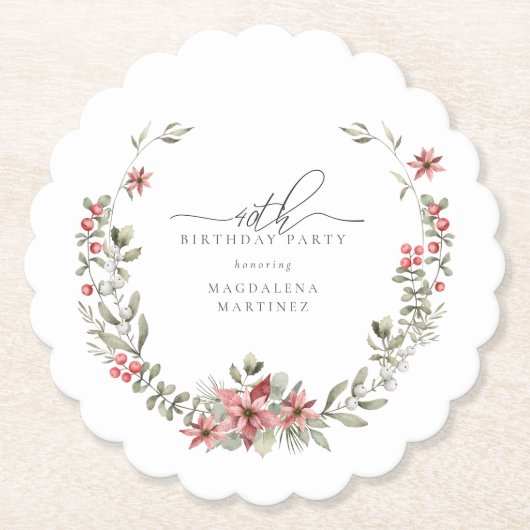 Boho Winter Greenery Red Floral 40. Geburtstag Untersetzer (Vorderseite)
