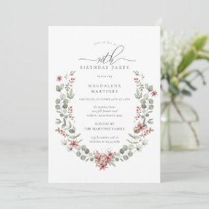 Boho Winter Greenery Red Floral 90. Geburtstag Einladung