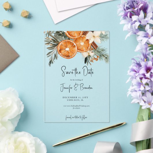 Boho Winter Greenery trockene Orangen Save the Dat Acryleinladungen (In Situ (Hochzeit))
