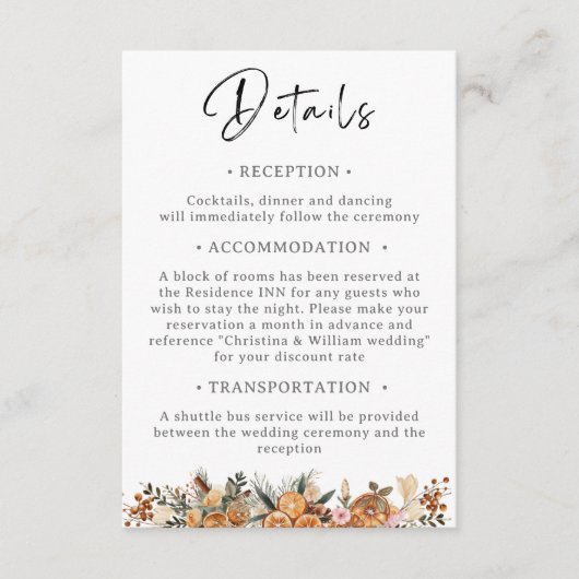 Boho Winter Holiday Wedding Botanische Details Begleitkarte (Vorderseite)