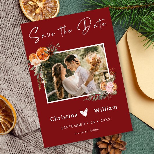 Boho Winter Holiday Wedding Burgundy Save the Date Einladung