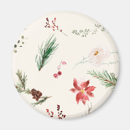 Boho Winter Poinsettia Pine Greenery Watercolor Magnet