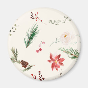 Boho Winter Poinsettia Pine Greenery Watercolor Magnet