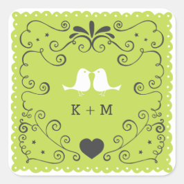 Boho Wirbel, Curls, Banner & Lovebirds Hochzeit Quadratischer Aufkleber