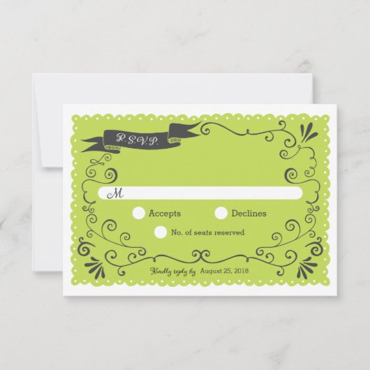 Boho Wirbel, Curls, Banner & Lovebirds Hochzeit RSVP Karte (Vorderseite)