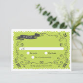 Boho Wirbel, Curls, Banner & Lovebirds Hochzeit RSVP Karte (Stehend Vorderseite)