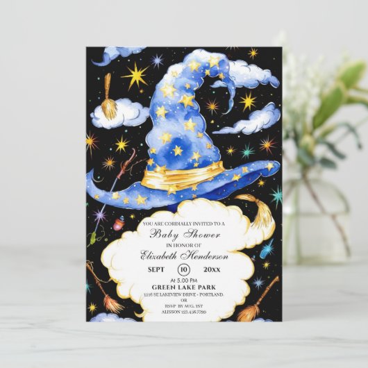 Boho Wizard Hat Baby Shower Einladung (Stehend Vorderseite)