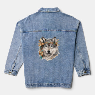 Boho Wolf Portrait Embroidered Look Zip Hoodie Jeansjacke