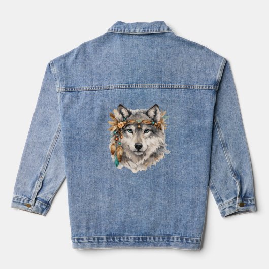 Boho Wolf Portrait Embroidered Look Zip Hoodie Jeansjacke (Rückseite)