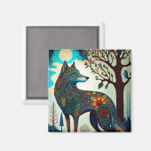Boho Wolf Surreal Wildlife Art Button Magnet (Vorderseite/Rückseite)