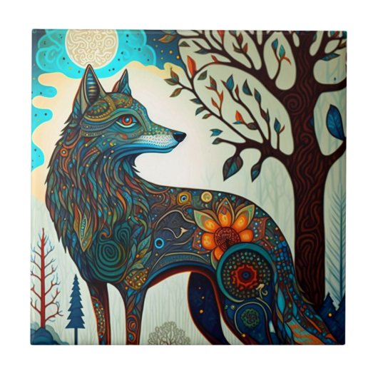 Boho Wolf Surreal Wildlife Art Keramik Tile Fliese (Vorderseite)