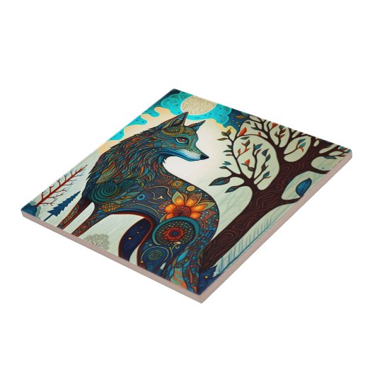 Boho Wolf Surreal Wildlife Art Keramik Tile Fliese (Seite)
