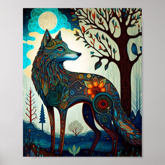 Boho Wolf Surreal Wildlife Art Poster (Vorne)