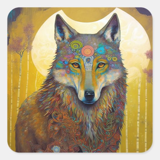 Boho Wolf Surreal Wildlife Art Quadratischer Aufkleber (Vorderseite)