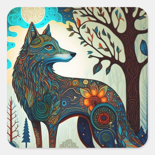 Boho Wolf Surreal Wildlife Art Square Sticker (Vorderseite)