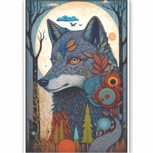 Boho Wolf Surreal Wildlife Art Sticker (Vorderseite)