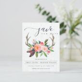 BOHO WOOD BLUSH ANTLER FLORA LAND SAVE THE DATE ANKÜNDIGUNGSPOSTKARTE (Stehend Vorderseite)