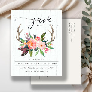 BOHO WOOD BLUSH ANTLER FLORA LAND SAVE THE DATE ANKÜNDIGUNGSPOSTKARTE
