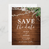 Boho Wood Greenerity Script Wedding Save the Date Ankündigungspostkarte (Vorne/Hinten)