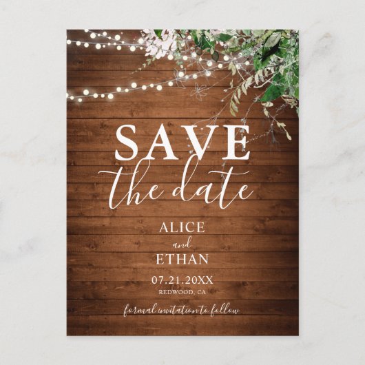 Boho Wood Greenerity Script Wedding Save the Date Ankündigungspostkarte (Vorderseite)