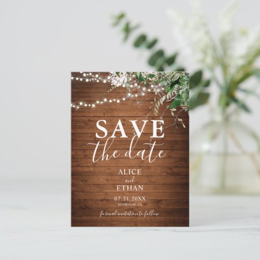 Boho Wood Greenerity Script Wedding Save the Date Ankündigungspostkarte (Stehend Vorderseite)