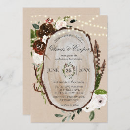 Boho Wood Slice Feather Marsala Floral Wedding in Einladung