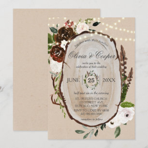 Boho Wood Slice Feather Marsala Floral Wedding in Einladung