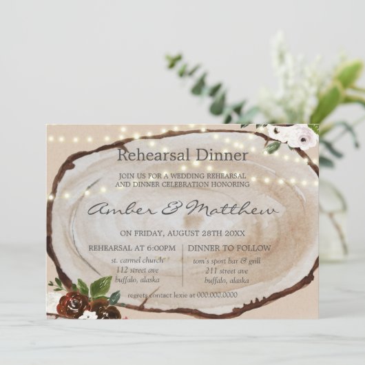 Boho Wood Slice Marsala Probe Abendessen in Bellin Einladung (Stehend Vorderseite)