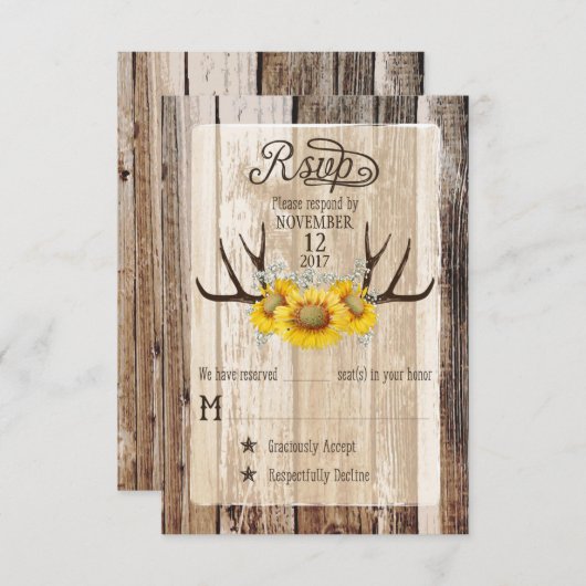 Boho Wood Sunflower Antlers Rustic RSVP Card (Vorne/Hinten)