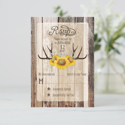 Boho Wood Sunflower Antlers Rustic RSVP Card (Stehend Vorderseite)