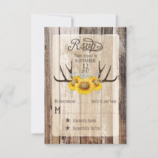 Boho Wood Sunflower Antlers Rustic RSVP Card Karte (Vorderseite)