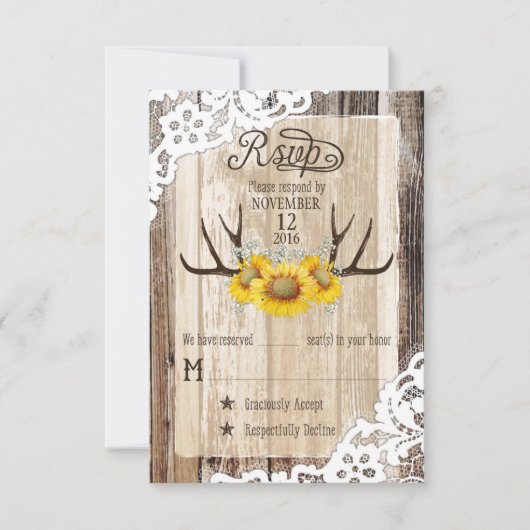 Boho Wood Sunflower Antlers verleihen Rustic RSVP  Karte (Vorderseite)