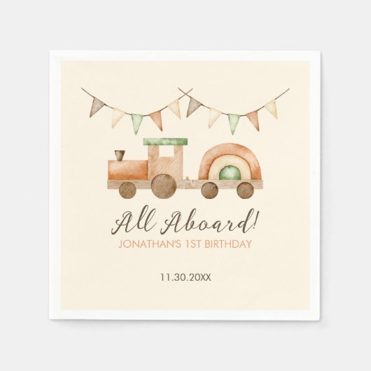 Boho Wood Train Transport Kindergeburtstag Serviette (Vorderseite)