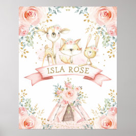 Boho Woodland Animal Blush Floral Monogram Kinderz Poster
