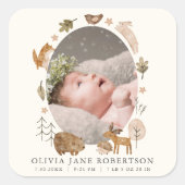 Boho Woodland Animals Foto Geburtsankündigung Quadratischer Aufkleber (Vorderseite)