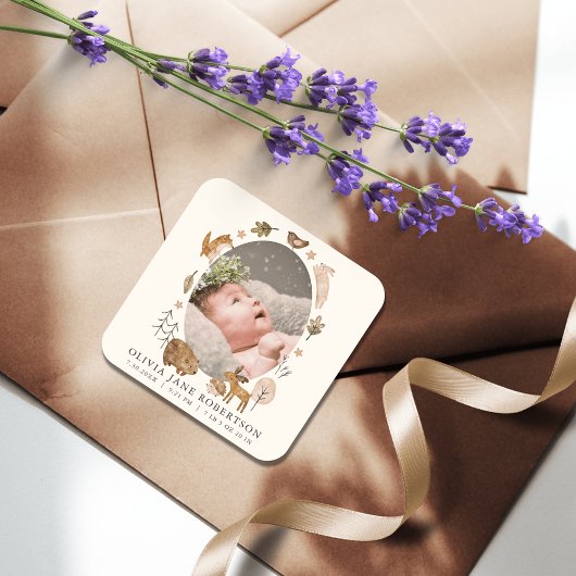 Boho Woodland Animals Foto Geburtsankündigung Quadratischer Aufkleber