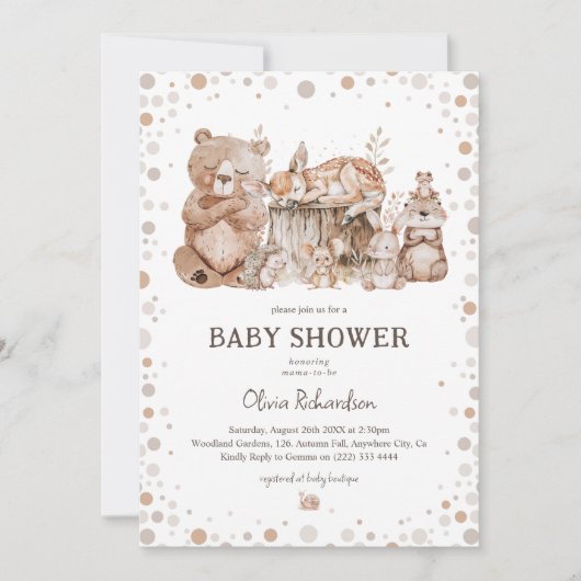 Boho Woodland Animals Gender Neutral Baby Shower Einladung (Vorderseite)