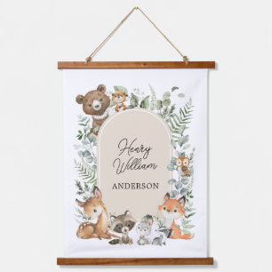 Boho Woodland Animals Greenery Neutrales Kinderzim Wandteppich Mit Holzrahmen