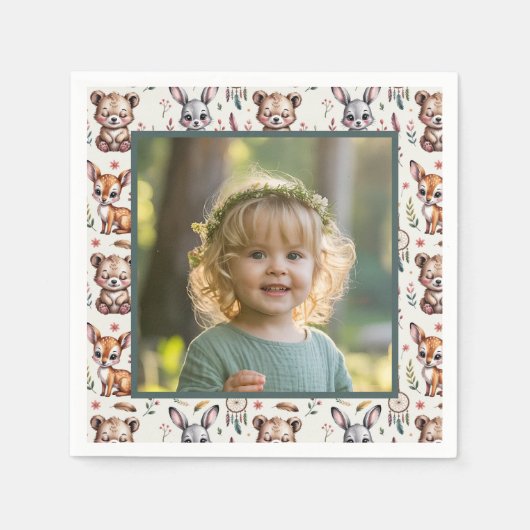 Boho Woodland Animals Kids Birthday Photo Serviette (Vorderseite)